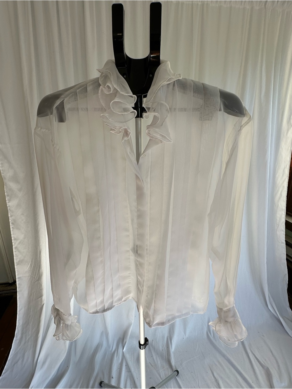 Sheer White Ruffled Collar Long-Sleeve Blouse
